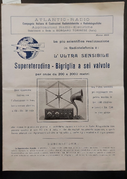 Atlantic Radio. L'ultra sensibile Supereterodina-Bigriglia a sei valvole (pieghevole pubblicitario)